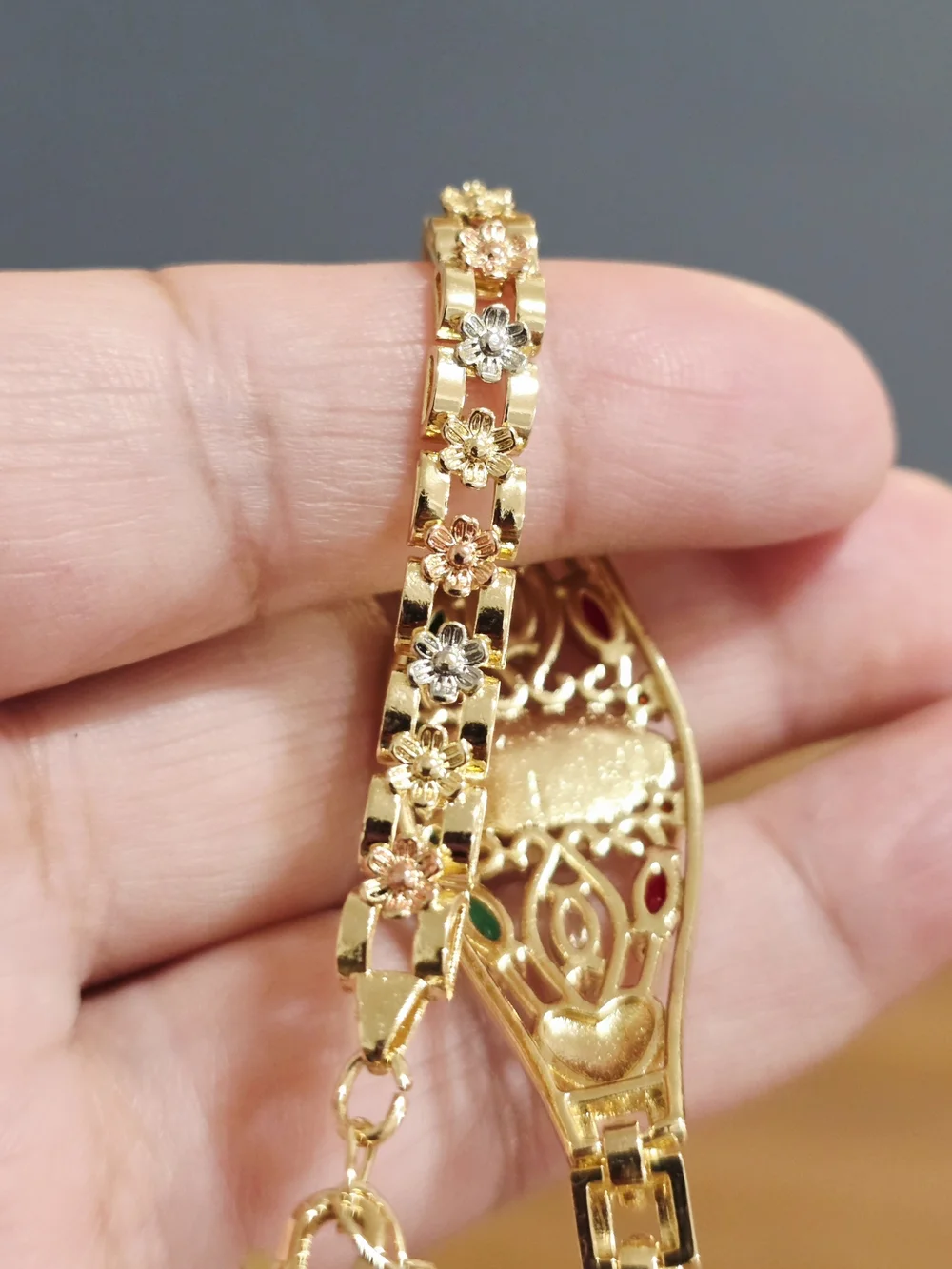 18k Gold Plated Tone Religious Bracelet with Red & Green Stones